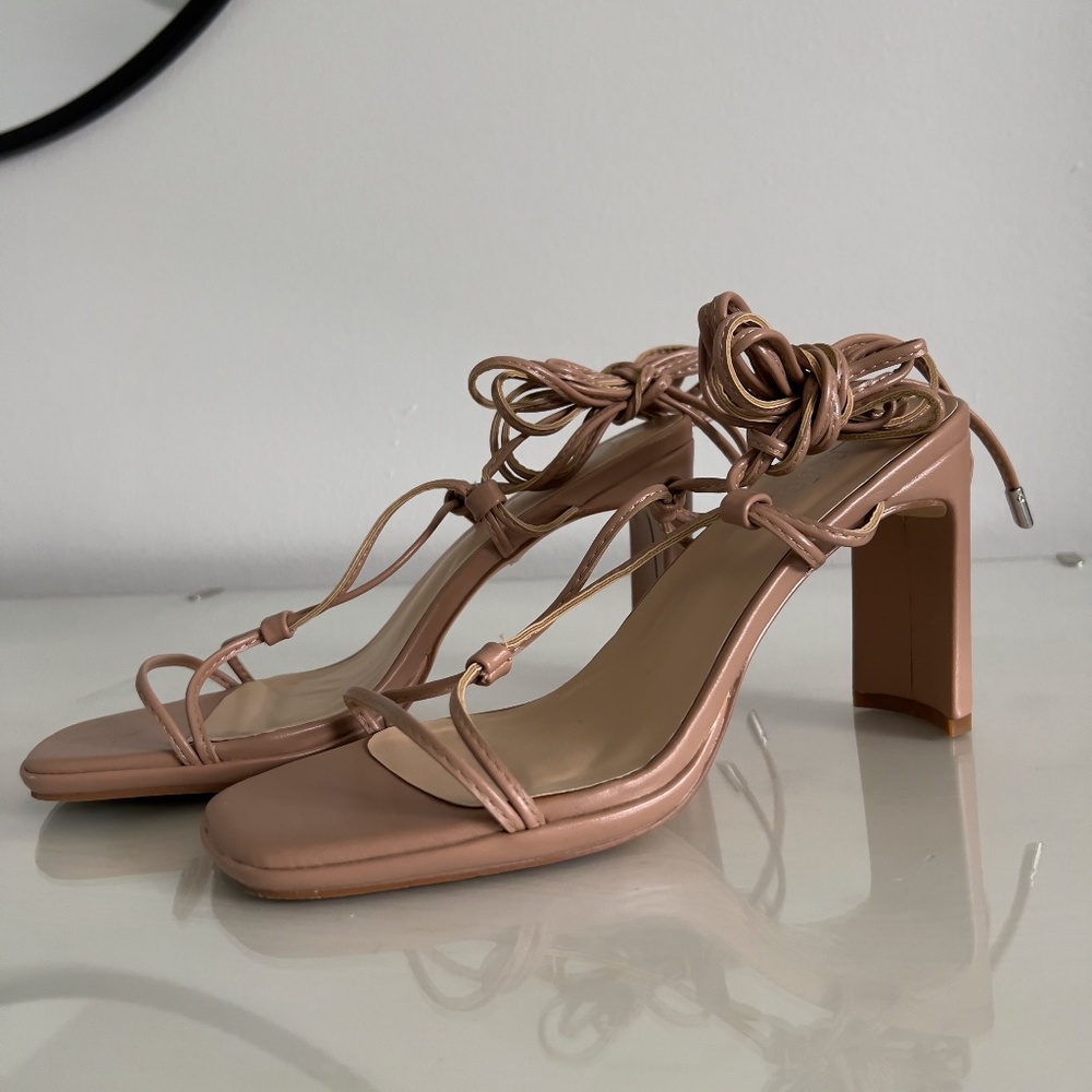 Nude Ankle Tie Heeled Sandals